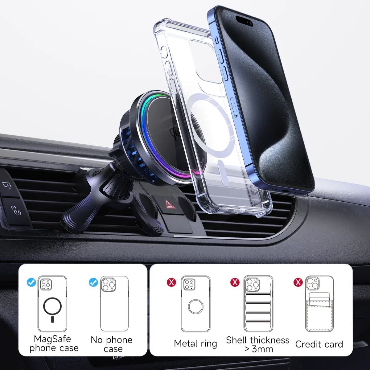 RGB Air Vent Phone Mount with 25W Fast Wireless Charger & Cooling Fan