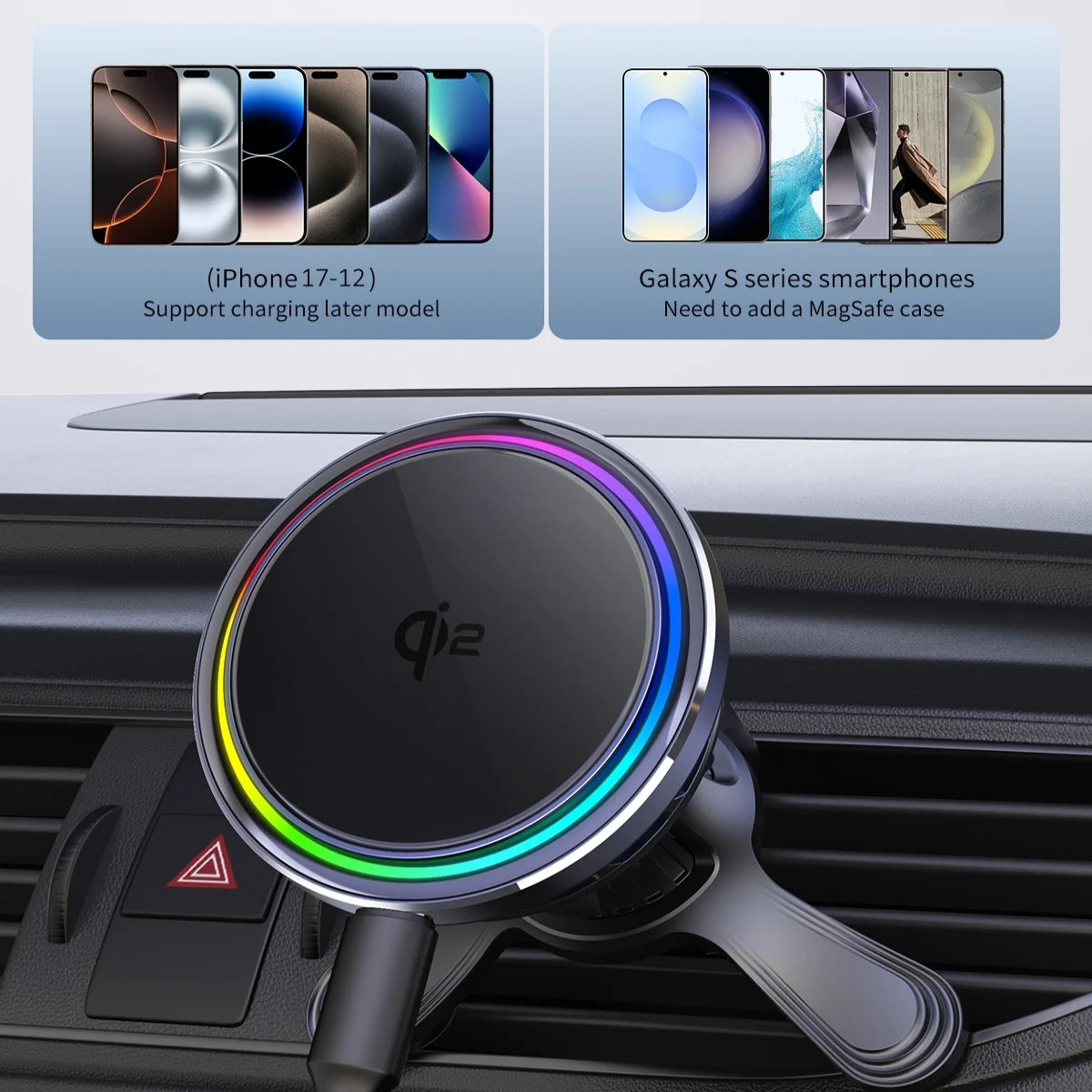 RGB Air Vent Phone Mount with 25W Fast Wireless Charger & Cooling Fan