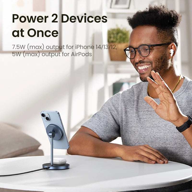 UGREEN 2-in-1 Magnetic Wireless Charger Stand – 7.5W for iPhone & AirPods