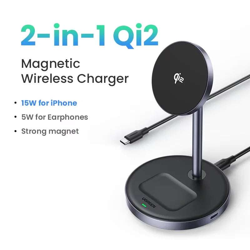 UGREEN 2-in-1 Magnetic Wireless Charger Stand – 7.5W for iPhone & AirPods