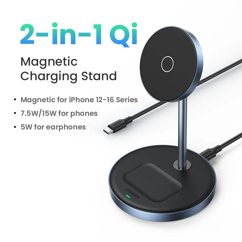 UGREEN 2-in-1 Magnetic Wireless Charger Stand – 7.5W for iPhone & AirPods