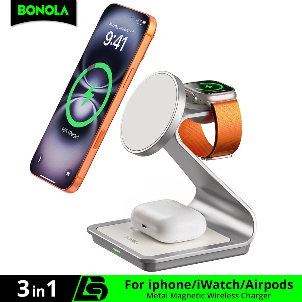 Bonola 3-in-1 Magnetic Wireless Charger for iPhone, AirPods & Apple Watch