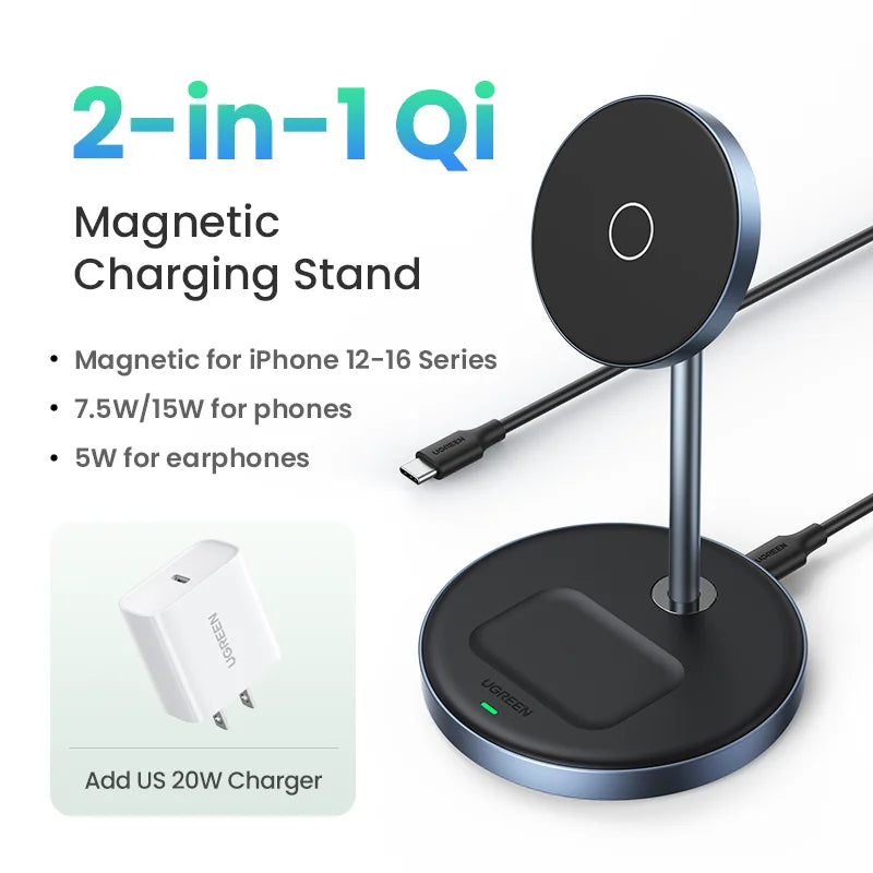 UGREEN 2-in-1 Magnetic Wireless Charger Stand – 7.5W for iPhone & AirPods